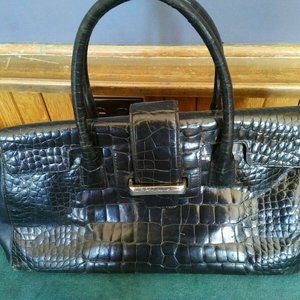 Adrienne Vittadini VINTAGE CROCO EMBOSSED BLACK GENUINE LEATHER SATCHEL BAG